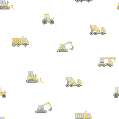 Truck seamless Pattern Watercolor illustration. Hand drawn cars on isolated background. Baby boy toy drawing. Sketch of construction transport for clothing and fabrics for children.