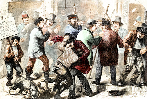 Vintage satirical illustration features a heated conflict at an election poll.  Conflicts can occur due to political differences, perceived unfairness in the voting process, misinformation, economic worries, identity issues, personal concerns, and fear about the future. These reasons can lead to arguments among voters. It's important to encourage polite discussions and respect for different views to maintain a healthy democracy.