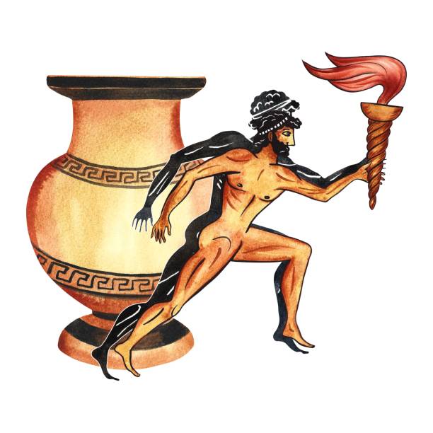 istock A composition with an ancient Greek running athlete with a torch, on the background of an amphora. In the style of ancient Greek art painting. Hand-drawn watercolor illustration. For prints, packages. 1905063655