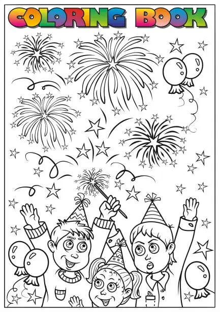 Vector illustration of children coloring book - Happy New Year - New Year's Eve