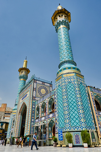Tehran (Teheran) , Iran-June 25, 2023  Emamzadeh Saleh, Low angle view of Emamzadeh Saleh Mosque, iranian people.