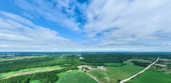 Aerial View Green and White Dairy Farm，Ontario Canada