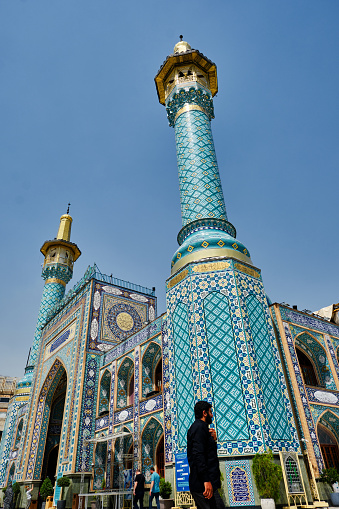 Tehran (Teheran) , Iran-June 25, 2023  Emamzadeh Saleh, Low angle view of Emamzadeh Saleh Mosque, iranian people.