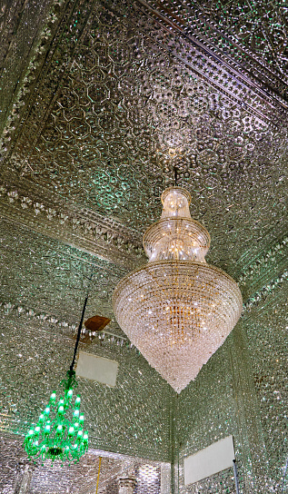 Tehran (Teheran) , Iran-June 25, 2023: Low angle photo of Interior of Emamzadeh Saleh mosque in Iran. Covered by mirror and cristal on the wall of mosque Emamzadeh Saleh mosque.