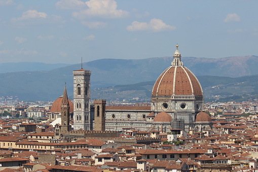 The siena rooftops of Florence stretch into the verdant Tuscan landscape.