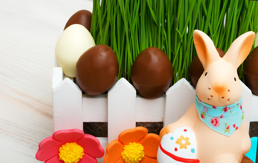 Sugar bunny and Easter chocolate eggs on green grass background. Easter composition.