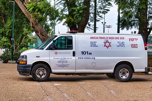 Raanana, Israel - November 25, 2023: Magen David Adom Mobile Intensive Care Unit Car, ambulance