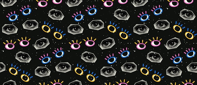 Vector seamless collage background. Pattern with halftone style eyes and eye designs. Vibrant modern print.