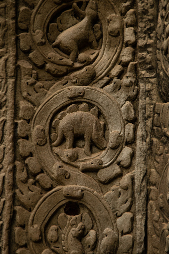 The famous dinosaur of Ta Prohm, a carving in a historical and ancient temple that has led to speculation. Angkor Wat, Cambodia