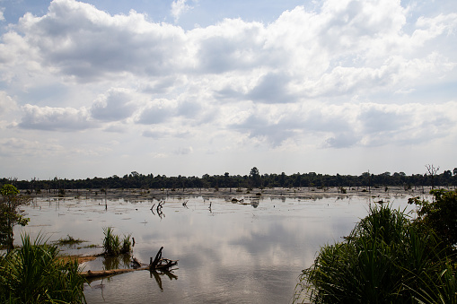 The shallow lake that surrounds the aging temple of Neak Poan. Found in the northern regions of Angkor Wat, Cambodia