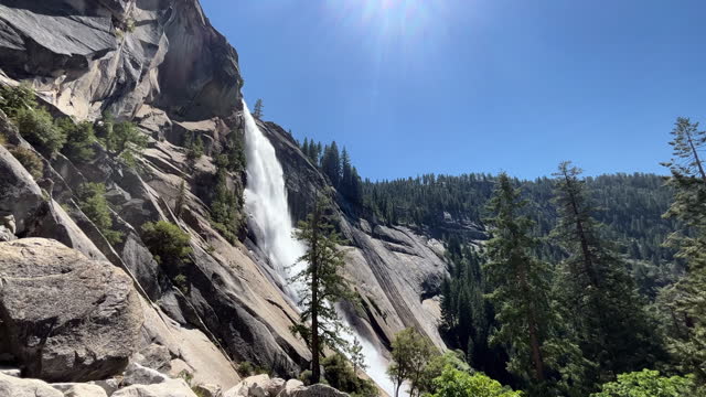 Nevada Falls As Seen From Mist Trail In Summer In Yosemite National Park, California, USA. - wide shot