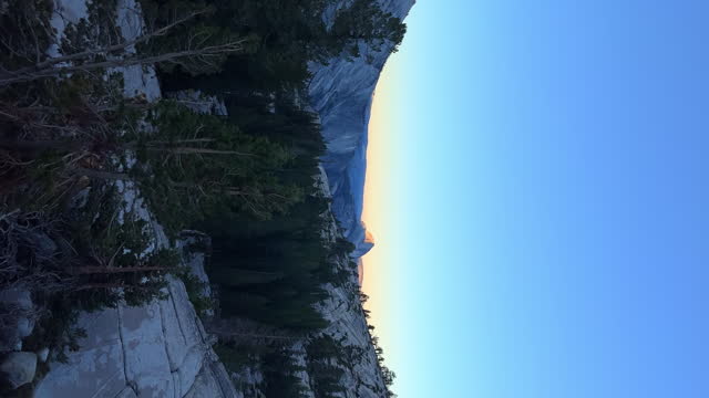 Vertical View Of Pine Trees And Half Dome Summit At Sunrise from Olmsted Point In Yosemite National Park, California. - pan right shot