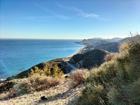 Los Muertos beach and views of the coast of Almería on a sunny day