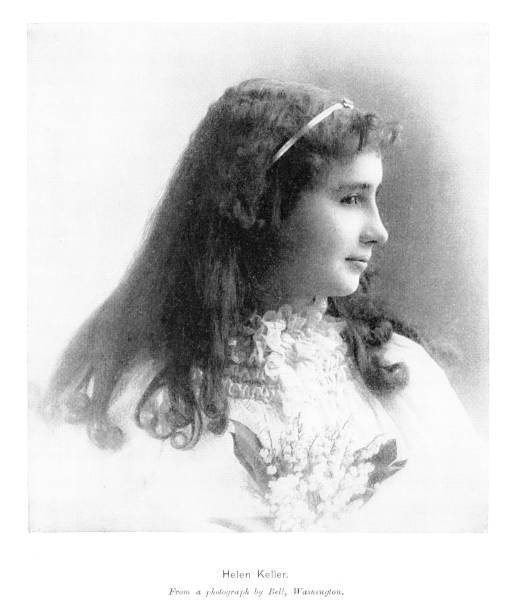 Helen Keller Photo Portrait at Age 15, Disability Rights Advocate, Author, Activist, 19th Century American History Portrait of Helen Keller (born June 27, 1880) was an American disability rights advocate, political activist, and author. Photo engraving published 1895. Original edition is in my archives. Copyright expired and in Public Domain. christine kohler stock illustrations