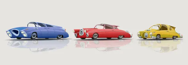 Vector illustration of A car in retrofuturism style. Set of cartoon cars in steampunk style. Toy car, personal vehicle, sedan, minivan, hatchback, passenger van. Futuristic car model, isolated set, vector illustration.