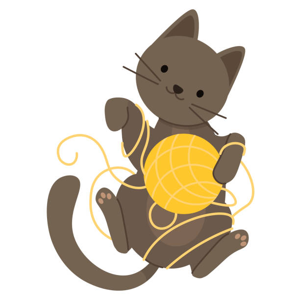 Cat with ball of yarn Cute gray cat lies on its back tangled in threads kitten playing with yarn stock illustrations