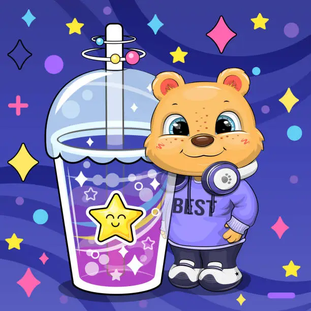 Vector illustration of Cute cartoon bear with star drink.