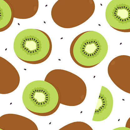 Seamless pattern with kiwi fruit, kiwi slice and seeds. Fresh and juicy eating. Vector flat illustration isolated on white background