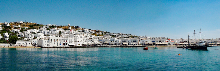 panoramic view of the port of Mykonos, the famous Greek island of the Cyclades archipelago in the heart of the Aegean Sea