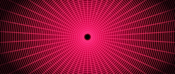 istock Red glowing wireframe tunnel. Neon wormhole in dark space. Grid tunnel in perspective. Funnel or portal illusion. Circular mesh structure tube. Vector optical illusion art 1905209585
