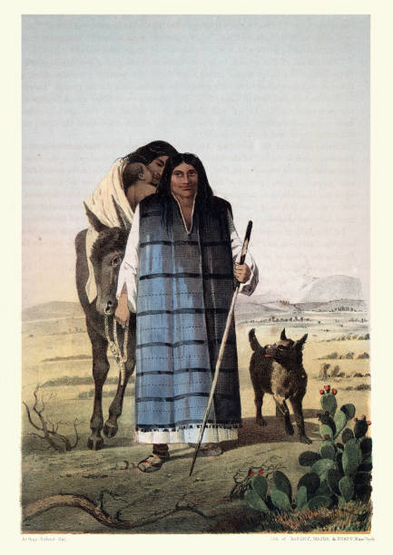 illustrazioni stock, clip art, cartoni animati e icone di tendenza di coppia di nativi americani del kumeyaay, iipai-tiipai o diegueño, vittoriano, 1850 19 ° secolo. una tribù di popoli indigeni delle americhe - kumeyaay