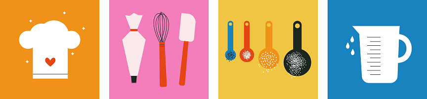 Collection of cooking food vector design elements. Kitchen utensils icon set. Kitchenware for cooking and baking. Colorful spoons. Flat vector illustration. Trendy abstract style. Scandinavian design