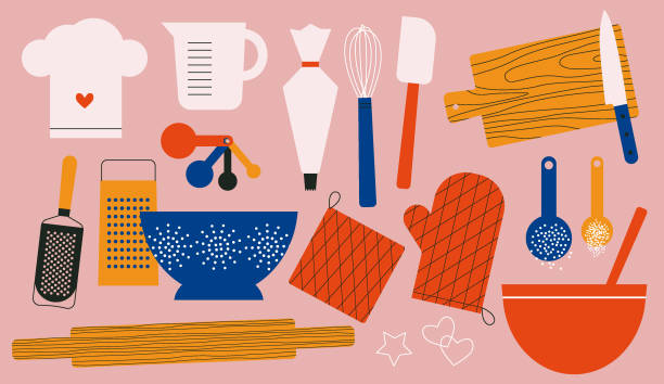 Kitchenware icon set. Kitchen utensils icons. Cooking and baking design elements. Flat vector illustration of various cutlery, tools for prepare a pasta. Abstract vintage style. Scandinavian design.