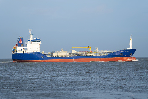 Cuxhaven, Germany - December 17, 2023: oil/ chemical tanker Capewater on the river Elbe