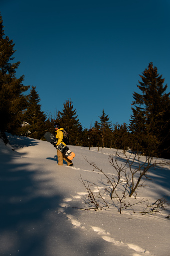 Side view manful snowboarder walking with the snowboard in hands through snow powder. Winter sport and recreation, leisure outdoor activities.