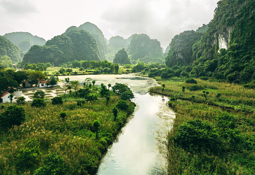 Top view over Tam Coc with karst formations, Ninh Binh province, Vietnam