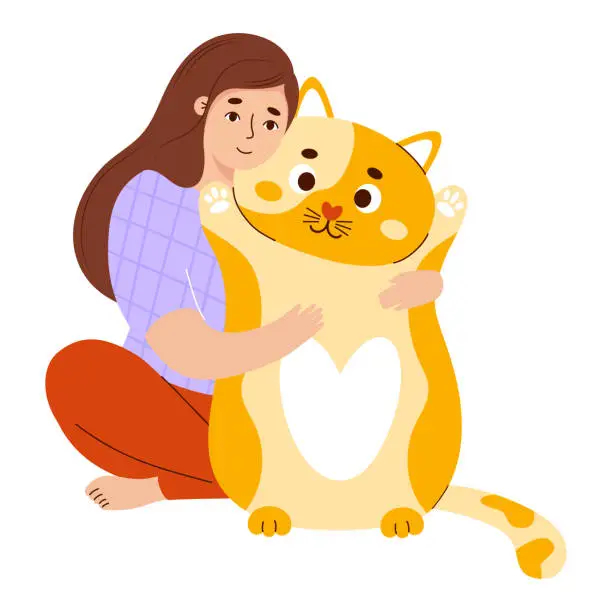 Vector illustration of Girl hugs big plush toy cat. Soft anti-stress cuddly oversized pillow toy. woman with comfortable cute animal to sleep and play. Vector illustration