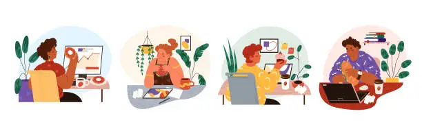 Vector illustration of Set of vector workers eating at work or workplace