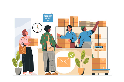 Vector flat post office interior illustration. Sign or banner of parcel workers activity. Person at counter with customer. Postman and delivery service. Courier reception. Shipping store. Shipment