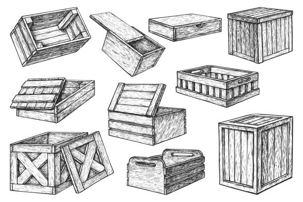 Set of isolated opened and closed wooden box. Sketch of wood crate or hand drawn drawer. Realistic element for shipping and delivery. Isolated object for cargo storage. Shipping container and parcel