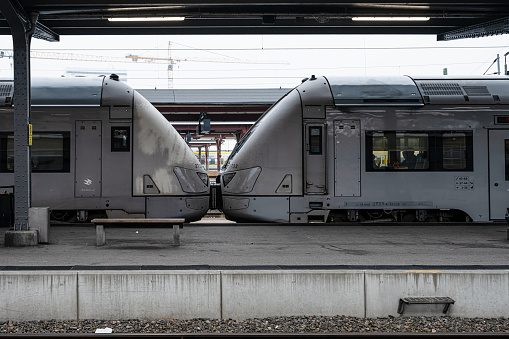 Intercity 2 double decker train stopped at at the Leipzig Hauptbahnhof Station with an ICE 3 Intercity Express DB Class 403 train in the background.