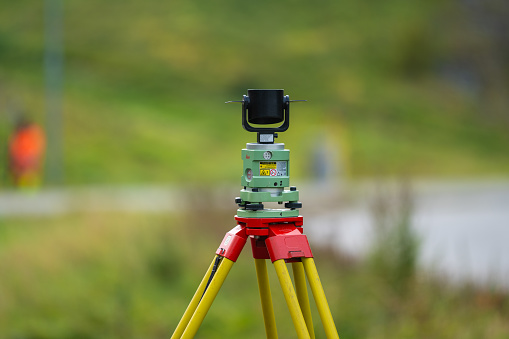 Gothenburg, Sweden - October 26 2023: Leica SNLL121 surveying prism in use.
