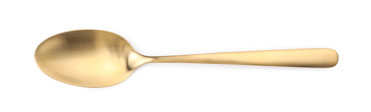 One shiny golden spoon isolated on white, top view