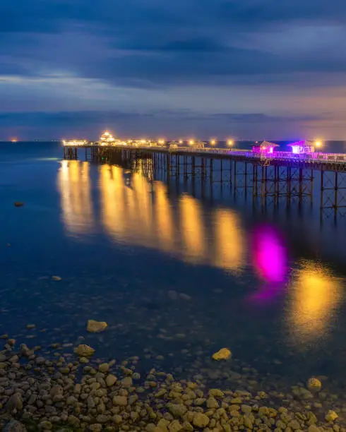 Photo of Long historic pleasure pier at dusk with lights reflecting in the water. Llandudno, UK