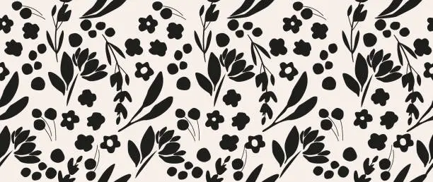 Vector illustration of Vector seamless background. Minimalistic abstract floral pattern. Modern print in black color on a light background. Ideal for textile design, screensavers, covers, cards, invitations and posters.