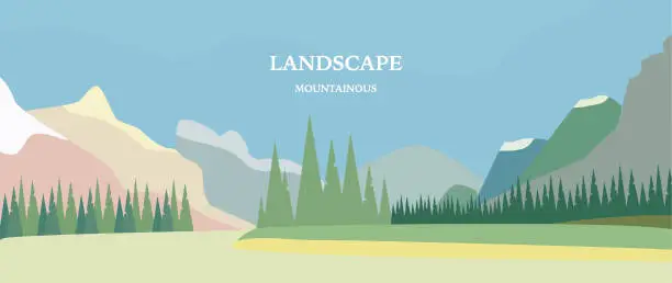 Vector illustration of Vector flat illustration. Mountainous landscape. Cartoon style. Green meadows, forest, picturesque blue sky, mountains on the horizon background. Perfect for screensavers and testicle designs.