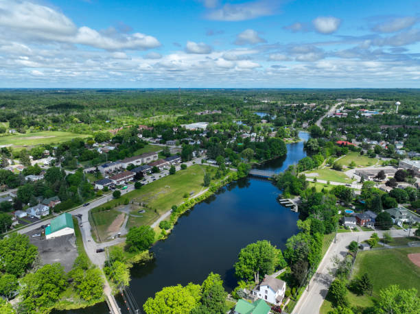Aerial View Gananoque on Saint Lawrence river in the Thousand Islands Aerial View Gananoque on Saint Lawrence river in the Thousand Islands, Ontario kingston harbour stock pictures, royalty-free photos & images