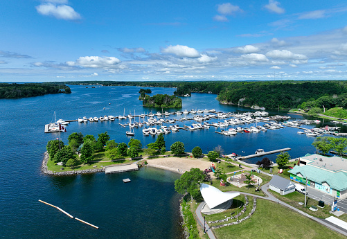Aerial View Gananoque on Saint Lawrence river in the Thousand Islands, Ontario