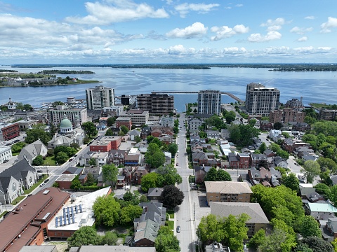 Aerial view of downtown Kingston Ontario, vew along the water front Battery Park, Ontario Canada