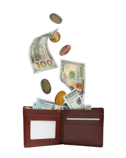 istock Dollar banknotes and coins falling into purse on white background 1905568220