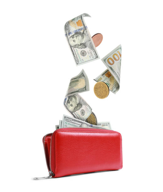 Dollar banknotes and coins falling into purse on white background