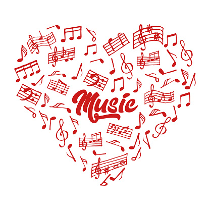 Heart from musical notes, red musical heart on a white background. Music poster, banner, vector