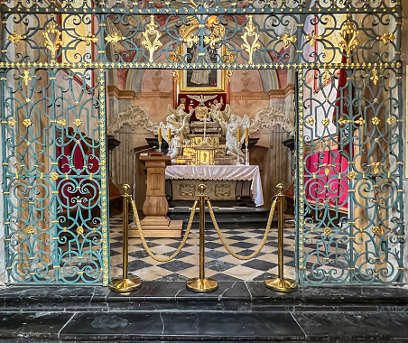 JEDRZEJOW, POLAND - September 1, 2023: Interior of the church in the Cistercian Archabbey in Jedrzejów, Poland. Reliquary of blessed Wincenty Kadubek.