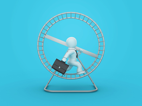 Exercise Hamster Cage Wheel with Business Character - Color Background - 3D Rendering