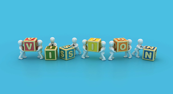 Business People Carrying VISION Buzzword Cubes - Color Background - 3D Rendering