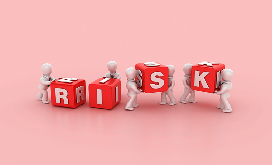 Business People Carrying RISK Buzzword Cubes - Color Background - 3D Rendering